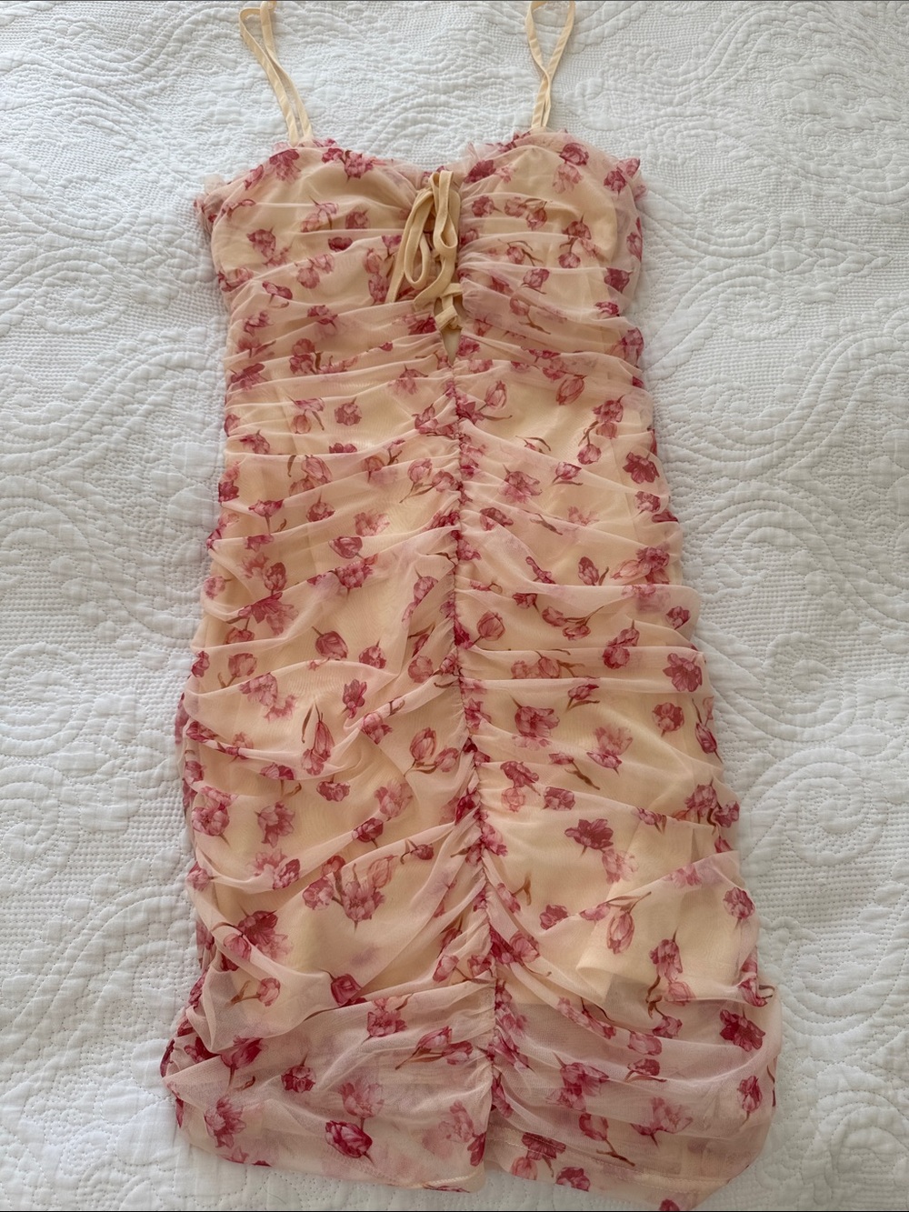 Floral Ruched Spaghetti Strap Mini Dress - Pink on Cream